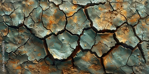 Abstract Crackled Surface with Gold and Teal Hues