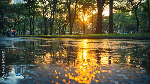 Urban Park Reflection: Sunset Colors Illuminating Tranquil Pathways and Trees