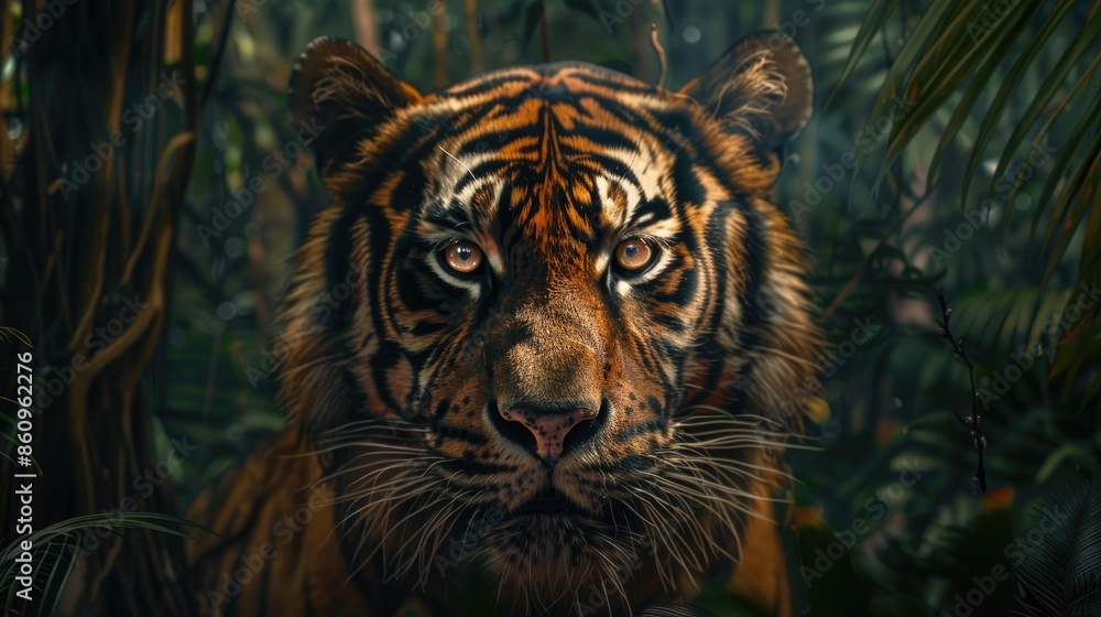 a huge tiger and eyes that reflected light like two circles on either side. The background is a forest, creating a contrast between the warm colors in the foreground and the cool colors in the backgro a huge tiger and eyes that reflected light like two circles on either side. The background is a forest, creating a contrast between the warm colors in the foreground and the cool colors in the backgro
