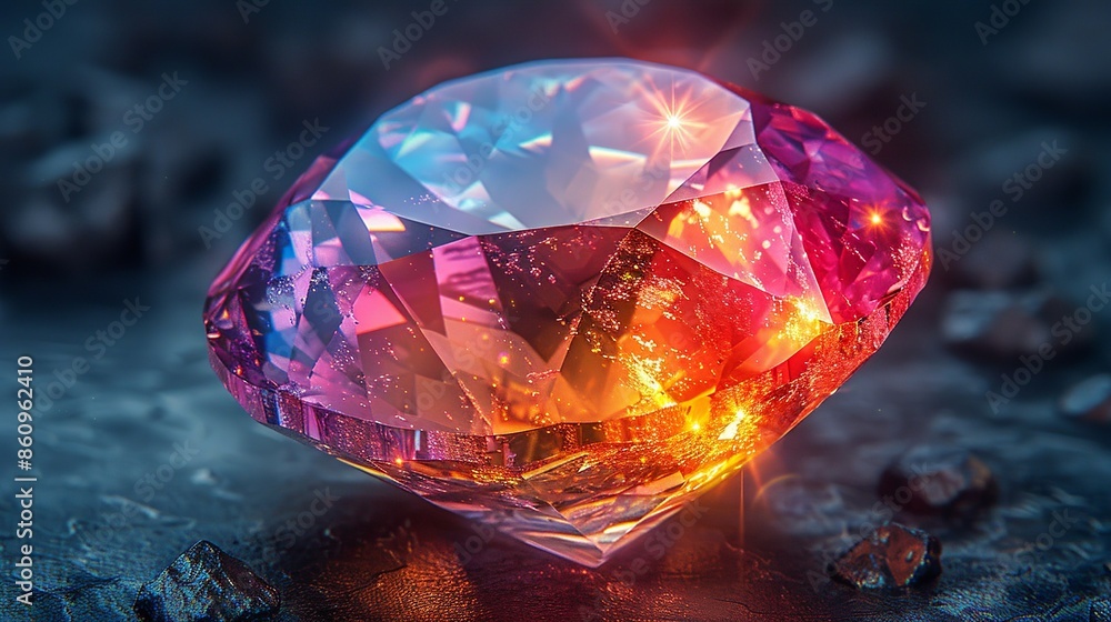A lustrous gemstone, shining with brilliant colors and facets, set against a dark background, perfect for luxury jewelry advertisements and high-end fashion designs. Illustration, Minimalism, A lustrous gemstone, shining with brilliant colors and facets, set against a dark background, perfect for luxury jewelry advertisements and high-end fashion designs. Illustration, Minimalism,