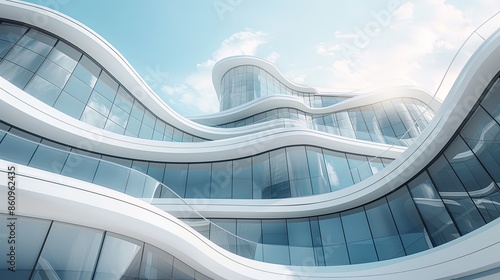 Modern Architectural Building with Curved Glass Facade Against Blue Sky