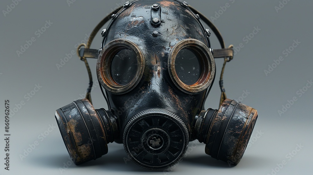 A realistic gas mask, intricately detailed, ideal for environmental themes, survival gear advertisements, and post-apocalyptic illustrations. Illustration, Minimalism,