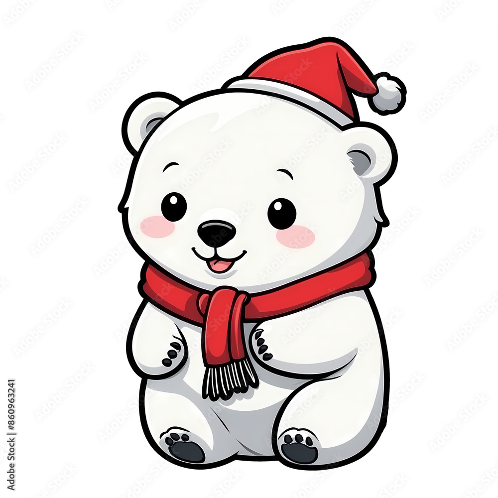 Cute Childish Kawaii Polar Bear Character Sticker Sitting Cross-Legged with Red Scarf, Fluffy White Fur, Holding a Small Fish, Happy Expression, Thick Black Outline, Generative AI. Cute Childish Kawaii Polar Bear Character Sticker Sitting Cross-Legged with Red Scarf, Fluffy White Fur, Holding a Small Fish, Happy Expression, Thick Black Outline, Generative AI.