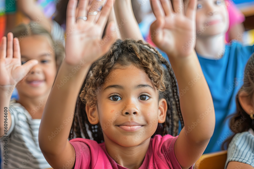 Group of students raising their hands in an elementary school classroom Group of students raising their hands in an elementary school classroom