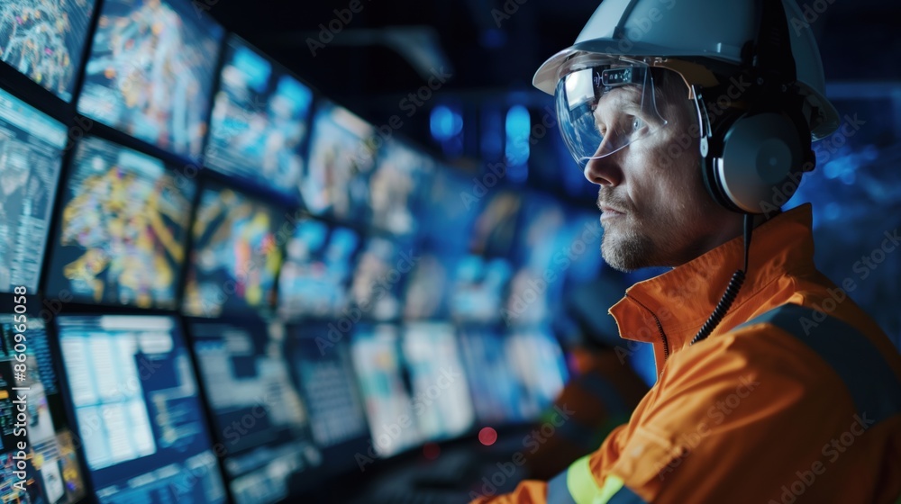 Close-up of an engineer in a mining control room, carefully watching the displays of various operations on multiple monitors Close-up of an engineer in a mining control room, carefully watching the displays of various operations on multiple monitors
