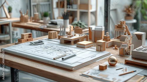 Architect's Creative Workspace with Models and Drafts in Modern Studio