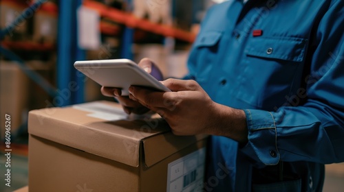 Close-Up of Man in Blue Uniform Holding iPad and Checking Shipping Information