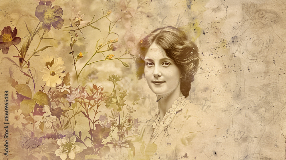A woman is smiling in front of a flowery background A woman is smiling in front of a flowery background