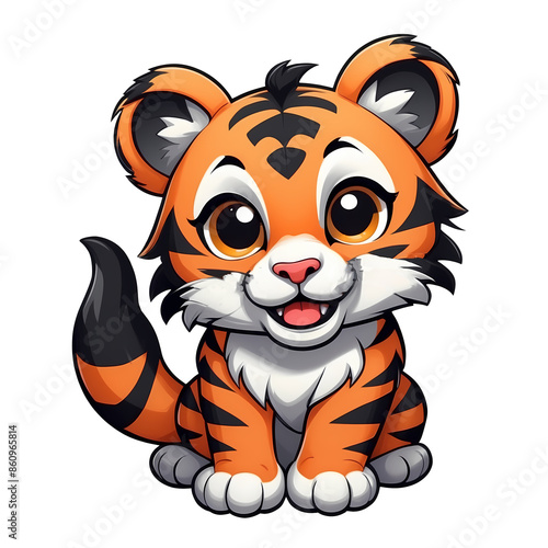 Cute Childish Kawaii Tiger Character Sticker Standing with Big Round Eyes, Striped Fur, and a Happy Expression, Thick Black Outline, Generative AI.