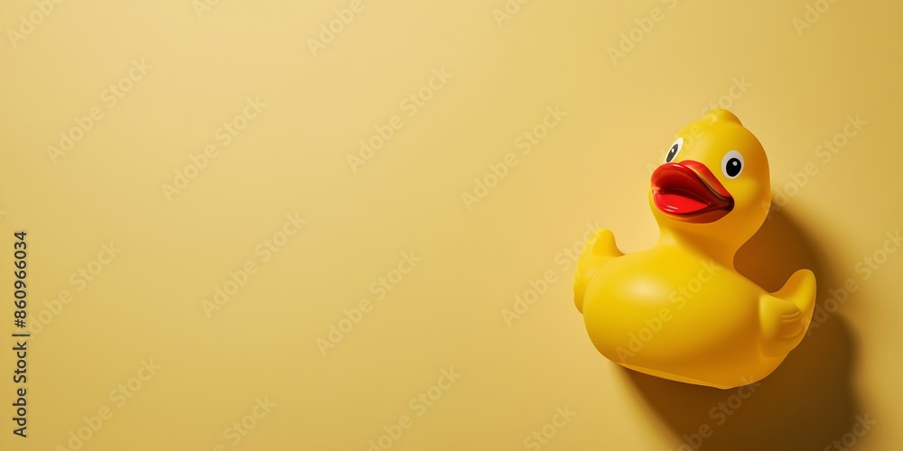 A yellow rubber duck with a red beak on a light yellow background. Flat lay, copy space, and top view concept A yellow rubber duck with a red beak on a light yellow background. Flat lay, copy space, and top view concept