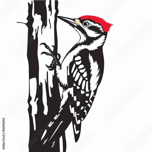 Woodpecker Pecking  , A woodpecker pecking a tree, suitable for forest ecosystems or bird watching themes photo