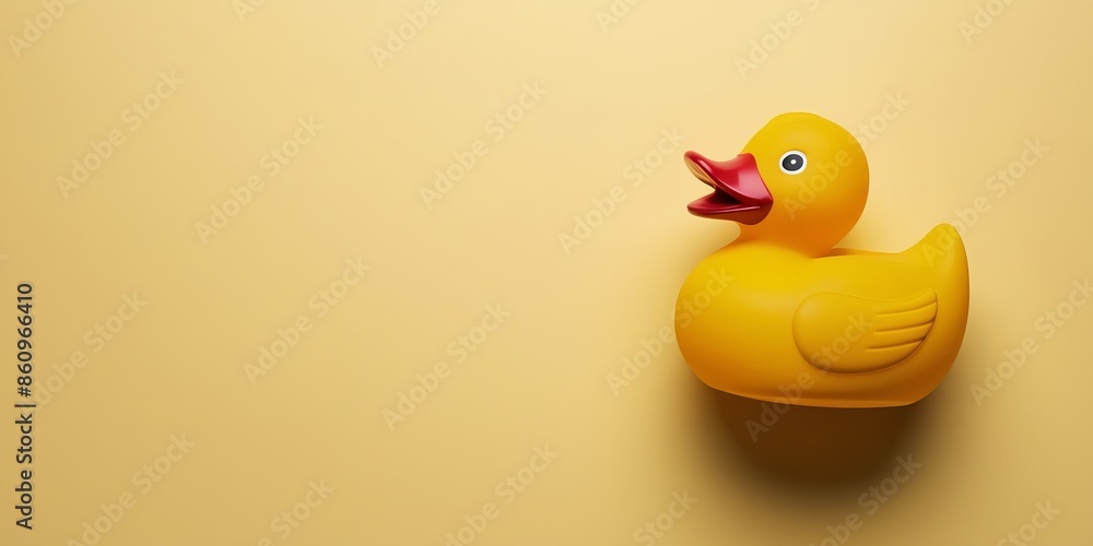 A yellow rubber duck with a red beak on a light yellow background. Flat lay, copy space, and top view concept A yellow rubber duck with a red beak on a light yellow background. Flat lay, copy space, and top view concept