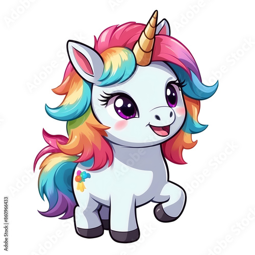 Cute Childish Kawaii Unicorn Character Sticker Standing with Sparkling Eyes, Rainbow Mane and Tail, Happy Expression, Thick Black Outline, Generative AI.
