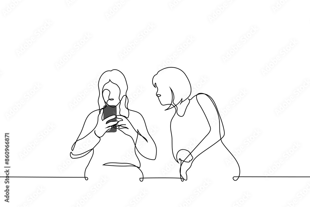 woman looks into the phone screen of a woman sitting next to her - one line art vector. concept a stranger peeps into your correspondence, a jealous and suspicious woman woman looks into the phone screen of a woman sitting next to her - one line art vector. concept a stranger peeps into your correspondence, a jealous and suspicious woman