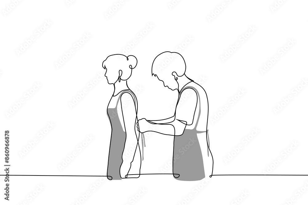 man helping woman with tying an apron - one line art vector. concept men are going to cook, handmade master class man helping woman with tying an apron - one line art vector. concept men are going to cook, handmade master class
