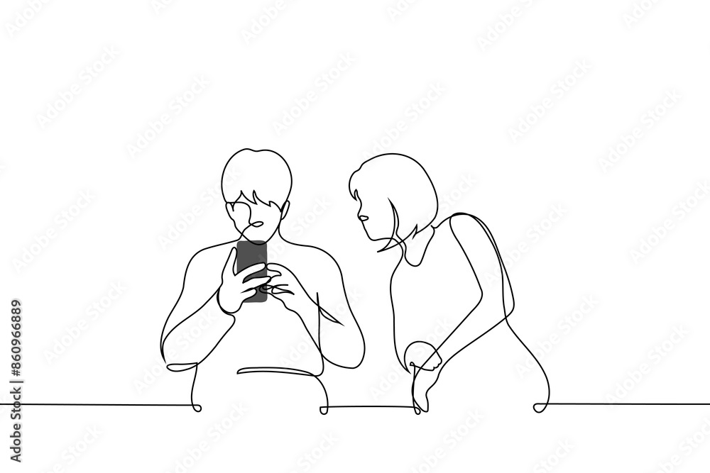woman looks into the phone screen of a man sitting next to her - one line art vector. concept a stranger peeps into your correspondence, a jealous and suspicious woman woman looks into the phone screen of a man sitting next to her - one line art vector. concept a stranger peeps into your correspondence, a jealous and suspicious woman