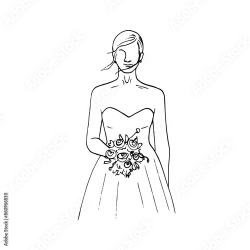 bride stands full-face holding a bouquet of flowers in her hand, strands of hair around her face fluttering in the wind. concept bride in a minimalistic bustier dress