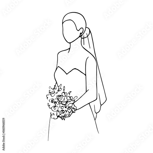 bride stands at three quarters, holding a bouquet of flowers in her hand, without a face. concept bride in a minimalistic bustier dress