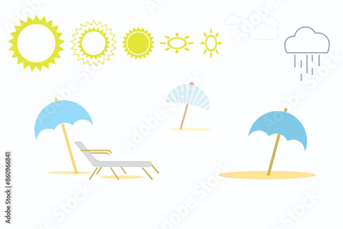 Summer travel and vacation concept. Beach parasol and beach chair holiday icons. Sun shines on a beach umbrella.