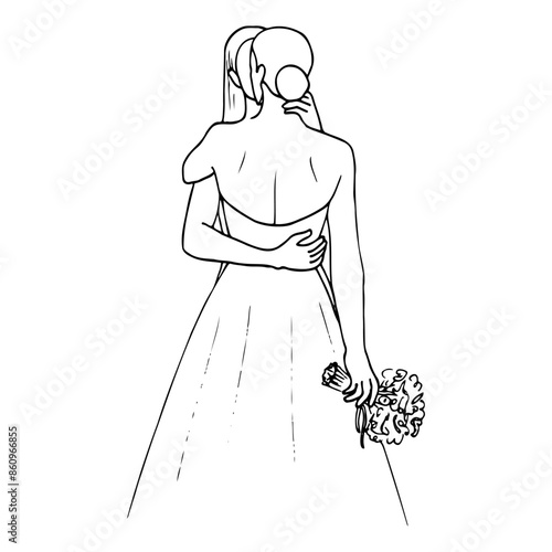 women in a tight hug, one of them standing with her back holding a bouquet on her long bustier dress - a doodle sketch drawn by hand. concept girls kissing, lesbian wedding, bride and bridesmaid