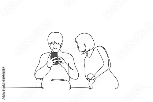woman looks into the phone screen of a man sitting next to her - one line art vector. concept a stranger peeps into your correspondence, a jealous and suspicious woman
