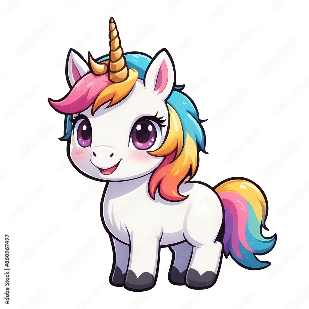 Cute Childish Kawaii Unicorn Character Sticker Standing with Sparkling Eyes, Rainbow Mane and Tail, Happy Expression, Thick Black Outline, Generative AI. Cute Childish Kawaii Unicorn Character Sticker Standing with Sparkling Eyes, Rainbow Mane and Tail, Happy Expression, Thick Black Outline, Generative AI.