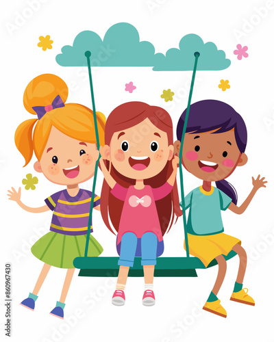 Cute girls are enjoying a swing ride together. Happy Friendship Day. Vector illustration of strong female friendship 
