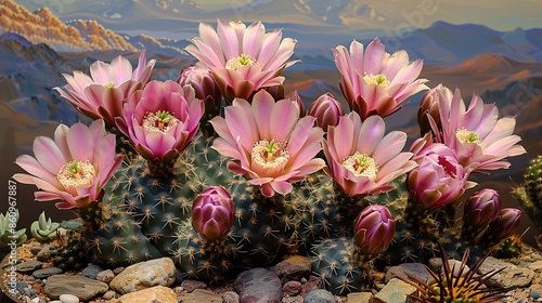 Lophophora cactus in bloom, with its delicate pink flowers and unique button-like appearance, celebrated for its rarity and cultural significance. Illustration, Minimalism, photo