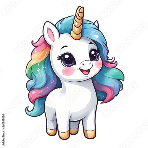 Cute Childish Kawaii Unicorn Character Sticker Standing with Sparkling Eyes, Rainbow Mane and Tail, Happy Expression, Thick Black Outline, Generative AI.