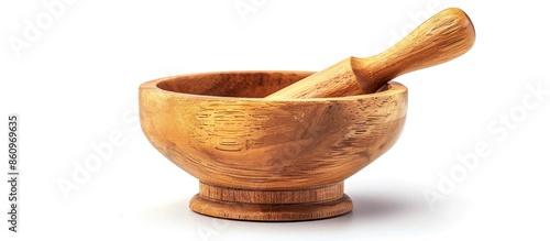 wooden mortar and pestle on white background