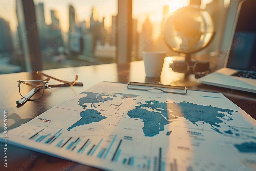World Map on a Desk with a City View World Map on a Desk with a City View
