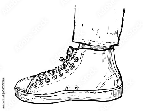 Drawing sketch style illustration of a hi top or high cut classic shoe sneakers viewed from side on isolated background done in black and white ilne art.
