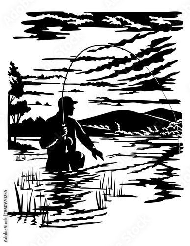 Swiss scherenschnitte or scissors cut illustration of silhouette of an angler fisherman fly fishing in Rock Creek located in Missoula and Granite County, Montana, USA done in paper cut or decoupage.
