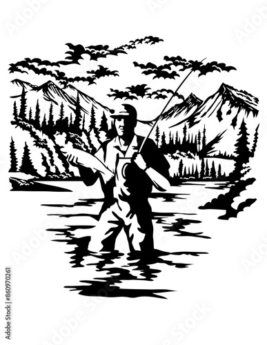 Swiss scherenschnitte or scissors cut illustration of silhouette of an angler fisherman fly fishing in Lake Clark National Park and Preserve in Anchorage, Alaska USA done in paper cut or decoupage.