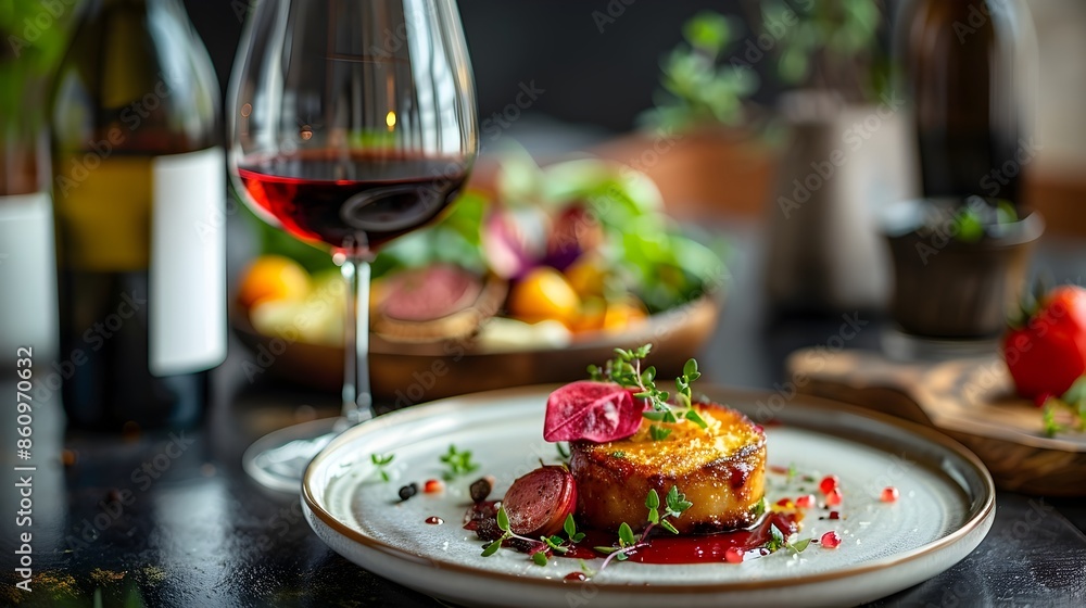 Exquisite Wine and Gourmet Dish Pairing on Elegant Table Setting Exquisite Wine and Gourmet Dish Pairing on Elegant Table Setting