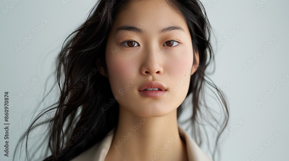 Portrait of a young woman model with natural makeup and wavy hair, staring into the camera with a soft, neutral background. Portrait of a young woman model with natural makeup and wavy hair, staring into the camera with a soft, neutral background.