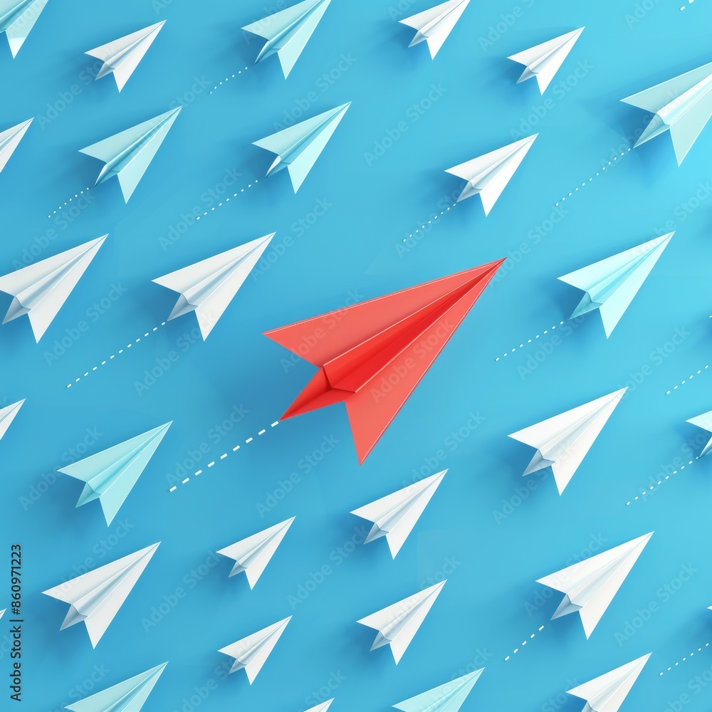 In this 3D rendering, a red paper airplane leads a fleet of white planes against a blue background, symbolizing business leadership and strategic corporate performance. In this 3D rendering, a red paper airplane leads a fleet of white planes against a blue background, symbolizing business leadership and strategic corporate performance.