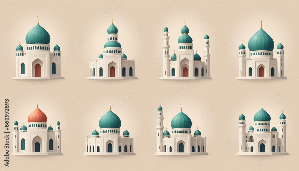 Obraz premium Mosque a illustration, set of icons for design mosque, mosque Islamic Ramadhan, elements mosque muslim, illustration of an mosque. minaret design. church tower vector