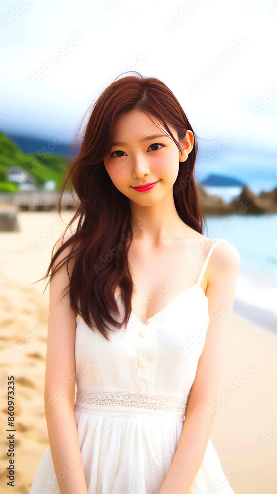 beautiful Japanese girl slim body beautiful smile Clothing Style white dress background on a beach. 2 beautiful Japanese girl slim body beautiful smile Clothing Style white dress background on a beach. 2