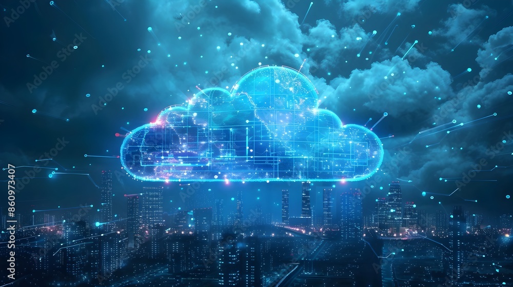 Futuristic 5G Cloud Computing Network Concept with Illuminated City Skyline Futuristic 5G Cloud Computing Network Concept with Illuminated City Skyline