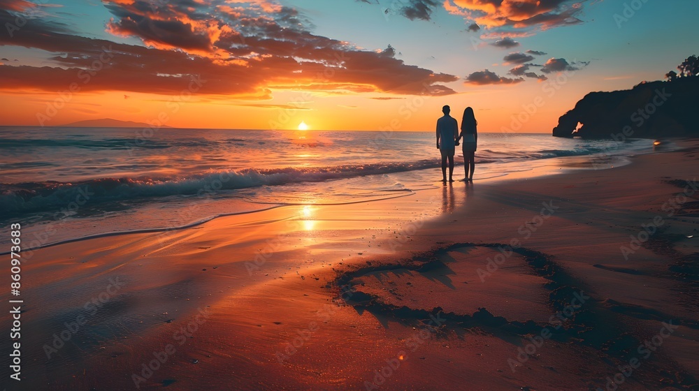 Naklejka premium Romantic Sunset Beach Scene with Heart Drawn in Sand and Couple
