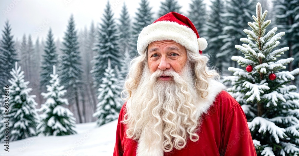 Elderly Santa Claus with Candy Cane in Snowy Background Elderly Santa Claus with Candy Cane in Snowy Background