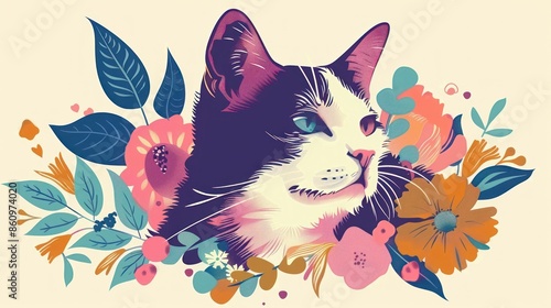 Colorful Floral Cat Illustration