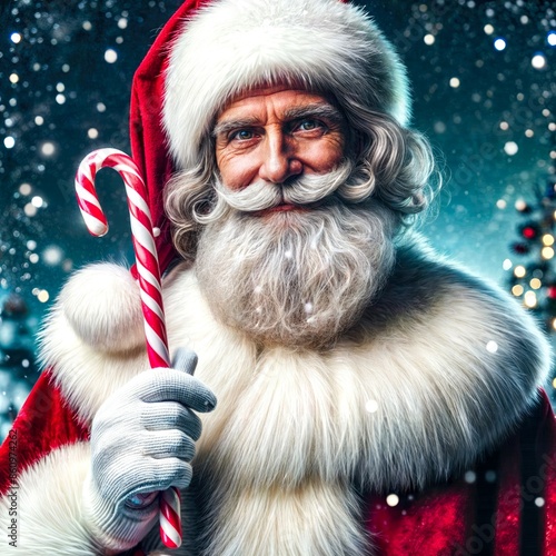 Elderly Santa Claus with Candy Cane in Snowy Background photo