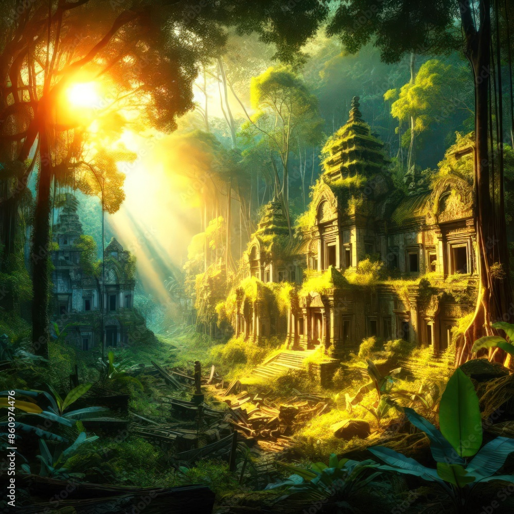 Fototapeta premium a forgotten city in a jungle the sunbeam falling through the leaves of the trees 1