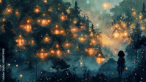 Wonderous scene of a child discovering a hidden fairy village in the forest, with glowing lights and magical creatures. Illustration, Minimalism, photo