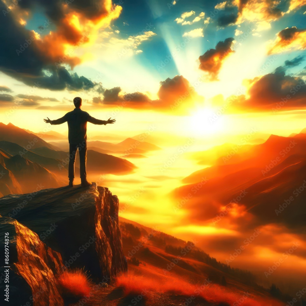 A person standing on a cliff, looking out at a vast, open landscape with a sunrise in the background. The person is facing the camera. 1 A person standing on a cliff, looking out at a vast, open landscape with a sunrise in the background. The person is facing the camera. 1