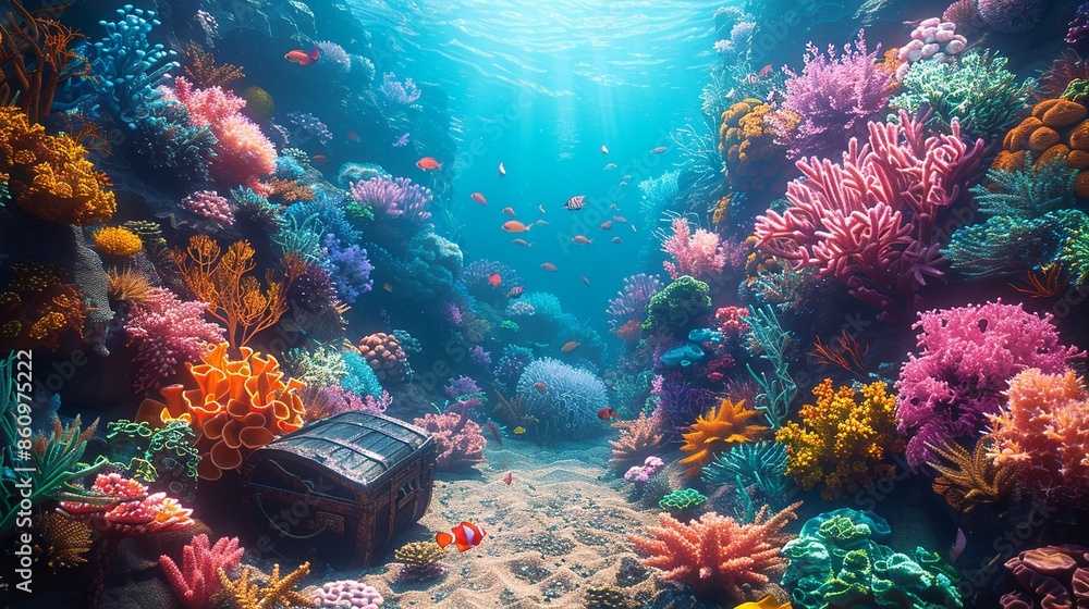 Obraz premium Dreamlike underwater world with colorful coral reefs, exotic fish, and a sunken treasure chest, evoking a sense of adventure. Illustration, Minimalism,