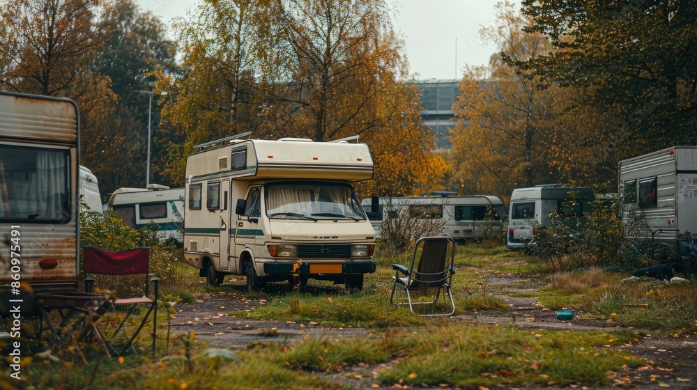 Nostalgic Retreat: RV Park on Green Grass with Chair in a Field, Dutch Traditional Style with Romantic and Working-Class Themes Nostalgic Retreat: RV Park on Green Grass with Chair in a Field, Dutch Traditional Style with Romantic and Working-Class Themes