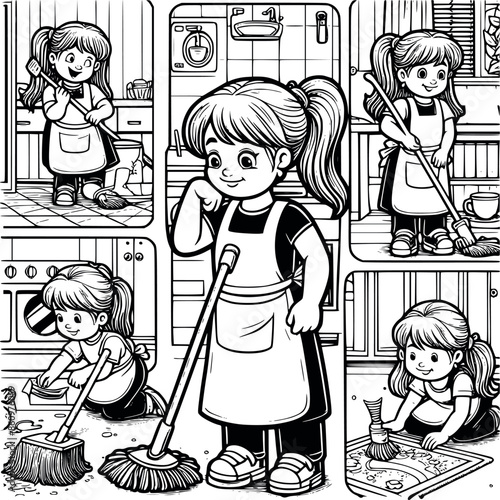 Cute cartoon women cleaning room page for kids line art vector illustrations generated by Ai